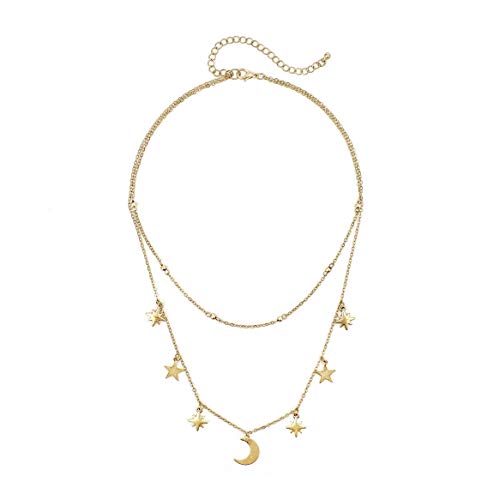 POMINA Dainty Gold Chain Choker Star Moon Charm Necklace Boho Style Double Layered Necklace for Women Girls