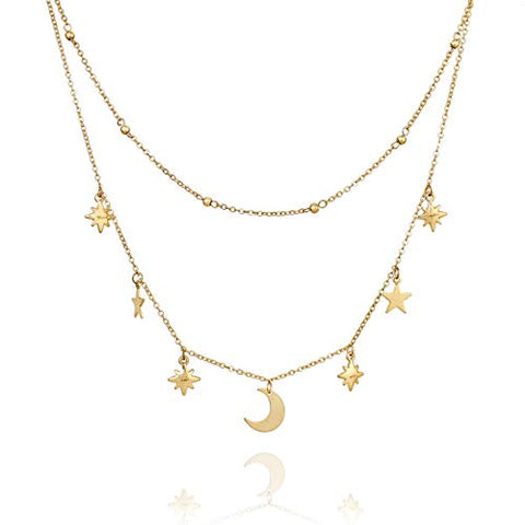 POMINA Gold Chain Choker Dainty Star Moon Cross Leaf Charm Boho Multi Layered Necklace for Women Girls