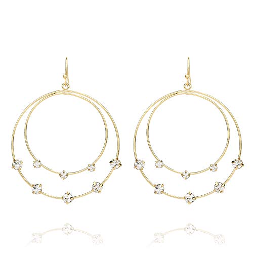Pomina Crystal Cluster Orbital Double Circle Teardrop Hoop Dangle Drop Earrings Geometric Double Teardrop Earrings for Women