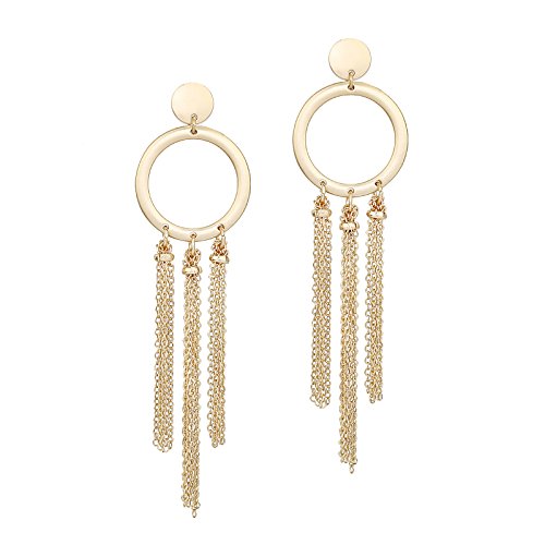 Pomina Flat Circle with Chain Tassel Post Drop Earrings for Women