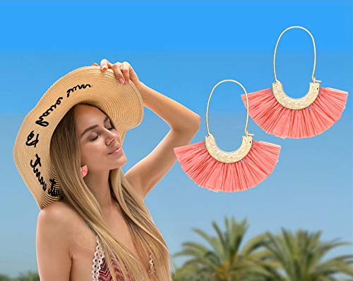 Pomina Colorful Raffia Thread Tassel Earrings Bohemian Fringe Fashion Dangle Hoop Earrings Summer Earrings for Women