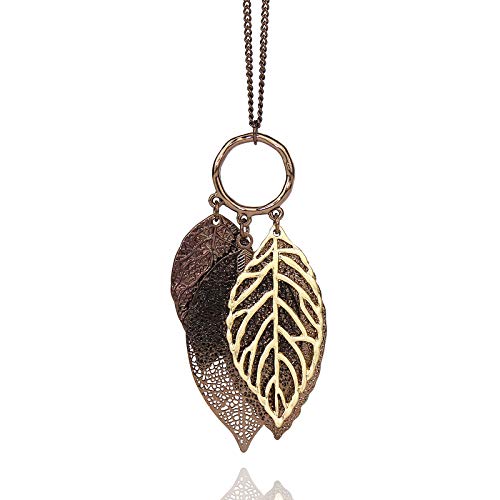 Pomina Gold Silver Two Tone Filigree Leaf Pendant Long Necklace Chic Pendant Chain Necklace for Women