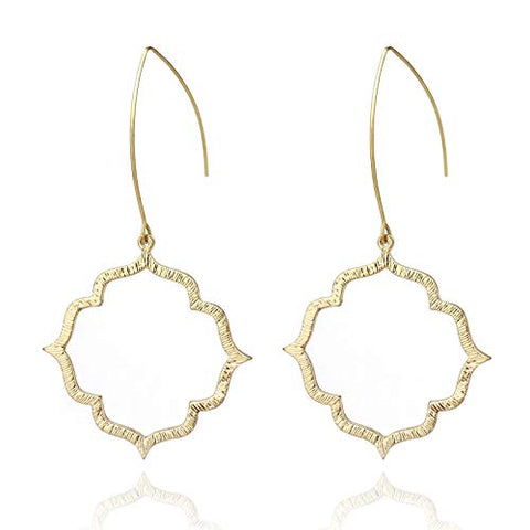 Pomina Textured Gold Floral Long Hook Dangle Drop Earrings Clover Quatrefoil Hoop Earrings for Women Teen Girls