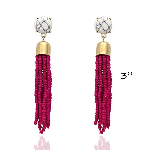 Pomina Colorful Seed Beaded Tassel with Stone Post Drop Earrings for Women