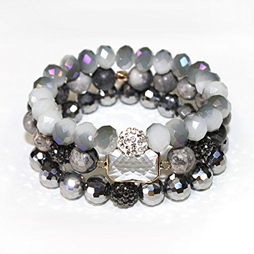 POMINA Stackable Multi Layered Natural Stone and Faceted Glass Beaded Stretch Bracelets with Pave Balls, Set of 3