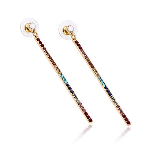 Pomina Colorful Crystal Long Thin Teardrop Dangle Drop Bar Earrings for Women