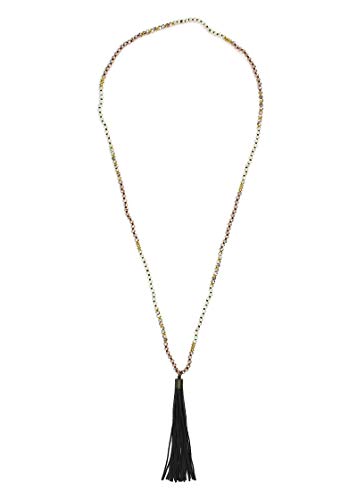 Pomina Hand Knotted Crystal Glass Beaded Long Necklace, Genuine Leather Tassel Boho Fashion Statement Long Necklace for Women