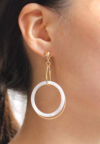 Pomina Geometric Dangle Drop Earrings, Mottled Acrylic Resin Double Hoop Summer Earrings for Women