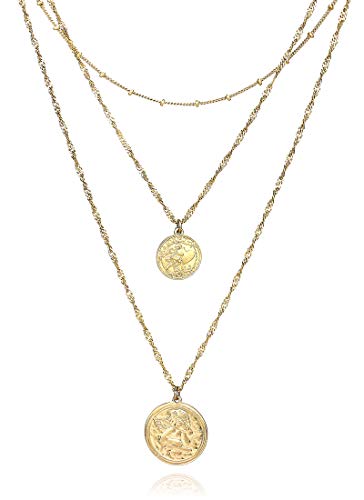 POMINA Boho Multi-Layered Medallion Gold Coin Necklace Cross Charm Pendant Necklace for Women