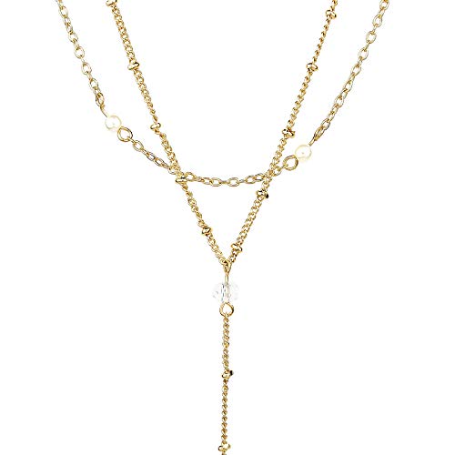 POMINA Dainty Pearl Choker Y Lariat Layered Necklace Y Shape Gold Chain Necklace for Women