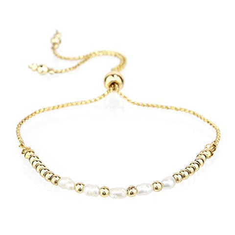 POMINA Natural Pearl Beaded Bolo Bracelets, Dainty Gold Chain Slide Adjustable Pull Bracelets