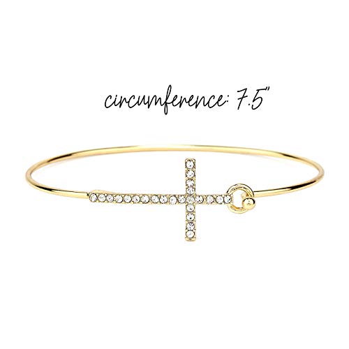 POMINA CZ Crystal Sideways Cross Bangle Bracelet, Dainty Wire Cuff Bangle Open Hook Bracelet, Religious Gift Jewelry for Women Teen Girls