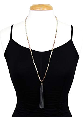 Pomina Hand Knotted Crystal Glass Beaded Long Necklace, Genuine Leather Tassel Boho Fashion Statement Long Necklace for Women