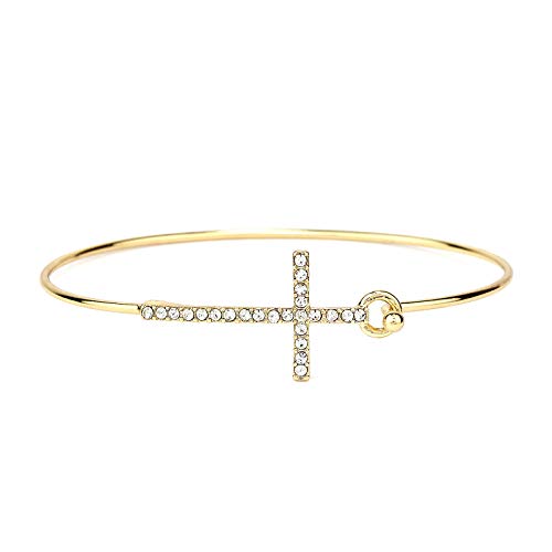 POMINA CZ Crystal Sideways Cross Bangle Bracelet, Dainty Wire Cuff Bangle Open Hook Bracelet, Religious Gift Jewelry for Women Teen Girls