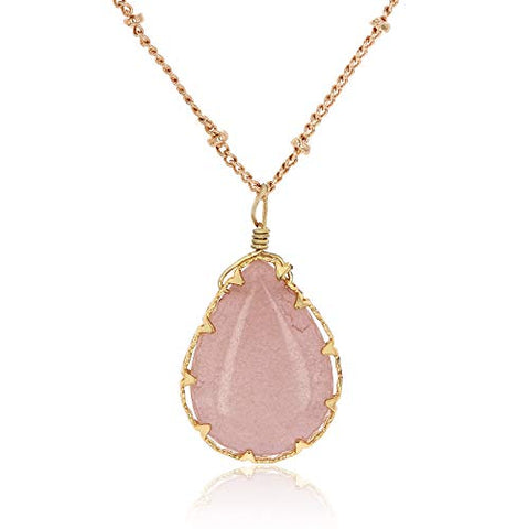 Pomina Natural Grey Agate Semi Precious Stone Teardrop Pendant Short Necklace for Women, 18 inches