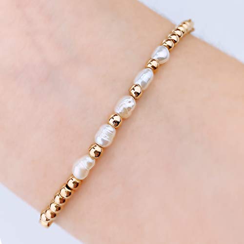 POMINA Natural Pearl Beaded Bolo Bracelets, Dainty Gold Chain Slide Adjustable Pull Bracelets