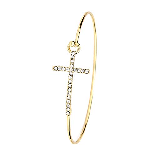 POMINA CZ Crystal Sideways Cross Bangle Bracelet, Dainty Wire Cuff Bangle Open Hook Bracelet, Religious Gift Jewelry for Women Teen Girls