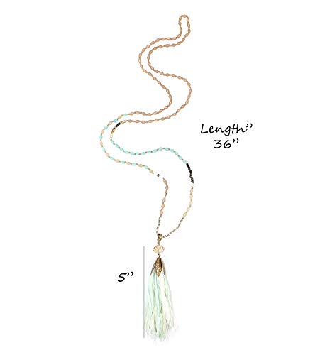 POMINA Glass Beaded Natural Stone Beaded Necklace Fabric Tassel Long Necklaces Sweater Long Necklace for Women, 36 Inches