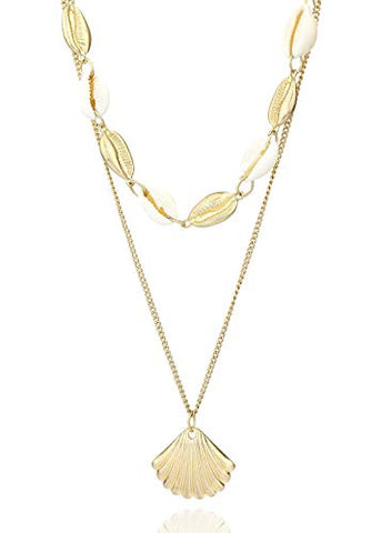 Pomina Gold and White Cowrie Seashell Necklace, Cowry Kauri Shell Choker, Boho Layered Shell Pendant Necklace