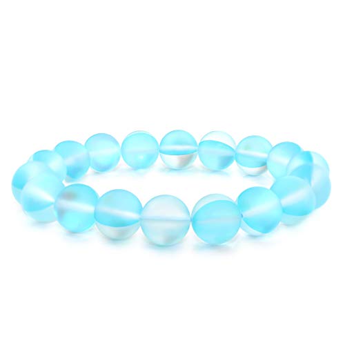 POMINA Frosted Iridescent Mystic Glass Bead Stretch Bracelet Holographic Mermaid Glass Bracelet Rainbow Aura Borealis Bead Bracelet for Women