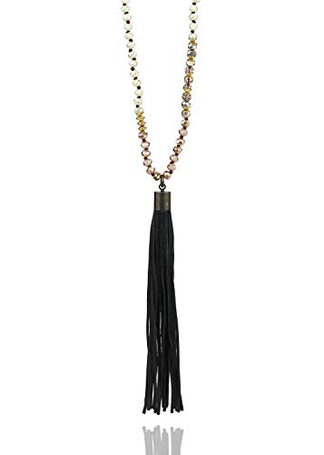 Pomina Hand Knotted Crystal Glass Beaded Long Necklace, Genuine Leather Tassel Boho Fashion Statement Long Necklace for Women