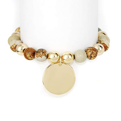 Pomina 8mm Natural Stone Beaded with Disc Coin Charm Stretch Bracelets (Picture Jasper)
