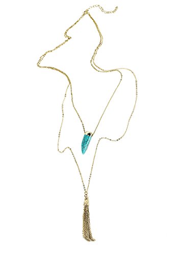 POMINA Two Layered Gold Necklace Turquoise Stone Teardrop Chain Tassel Long Necklaces for Women