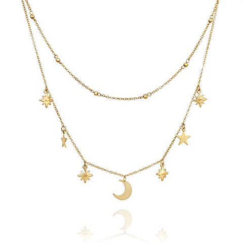 POMINA Dainty Gold Chain Choker Star Moon Charm Necklace Boho Style Double Layered Necklace for Women Girls