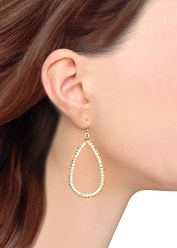 Pomina Lightweight Pearl Beaded Wire Wrapped Open Teardrop Dangle Earrings for Women