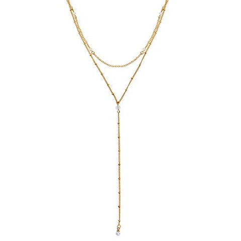 POMINA Dainty Pearl Choker Y Lariat Layered Necklace Y Shape Gold Chain Necklace for Women