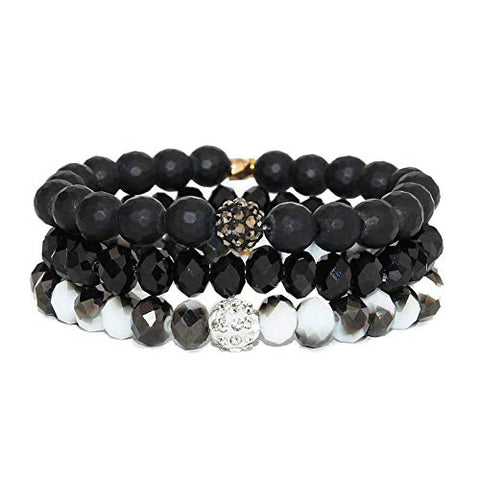 POMINA Stackable Multi Layered Matte and Coated Faceted Glass Beaded Stretch Bracelets with Pave Balls, Set of 3