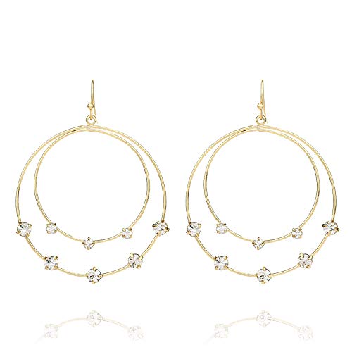 Pomina Crystal Cluster Orbital Double Circle Teardrop Hoop Dangle Drop Earrings Geometric Double Teardrop Earrings for Women