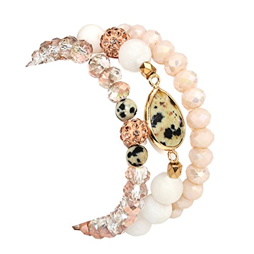 POMINA Stackable Multi Layered Natural Stone and Glass Beaded Stretch Bracelets, Set of 3