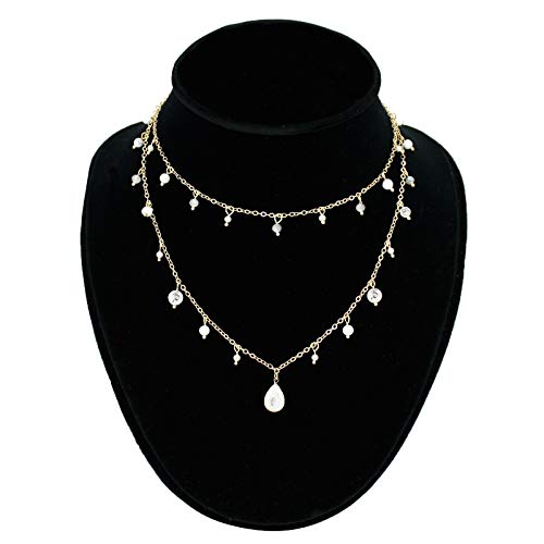 POMINA Multi Layer Reconstituted Semi Precious Stone and Pearl Short Necklace for Women