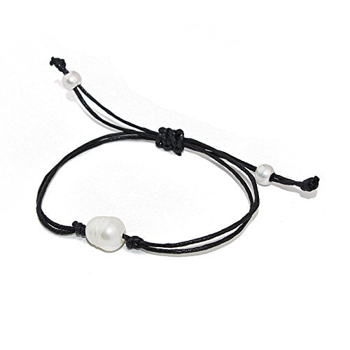 POMINA Black Leather with Freshwater Pearl Pull String Bracelets