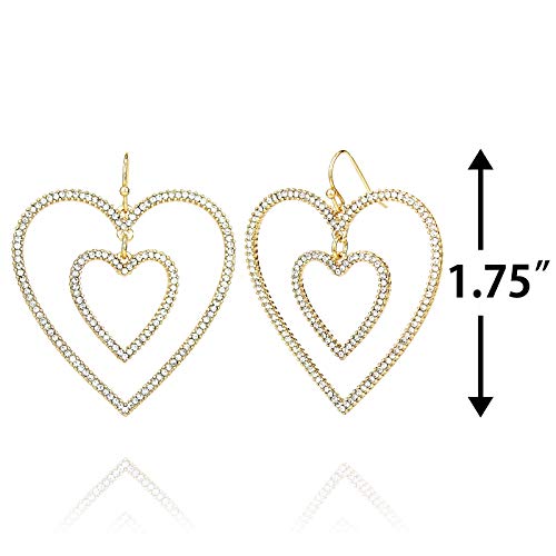 Pomina Cubic Crystal Double Love Heart Drop Earrings Fashion Statement Open Heart Dangle Earrings for Women Girls Teens