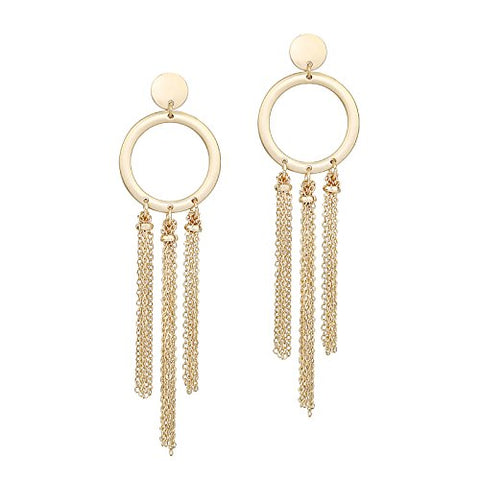 Pomina Flat Circle with Chain Tassel Post Drop Earrings for Women