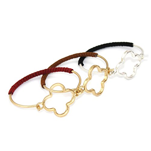 POMINA Hand Wrapped Suede Quatrefoil Clover Pendant Tension Bangle Cuff Bracelet for Women Teen Girls