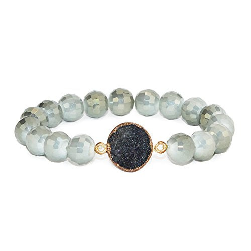 POMINA Disco Ball Faceted Glass Beaded Stretch Bracelets with Gold Foiled Druzy Stone