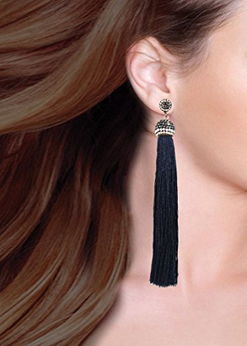 Pomina Genuine Extra Long Silk Tassel Dangling Drop Earrings Thread Tassel Earrings Statement Tassel Drop Earrings