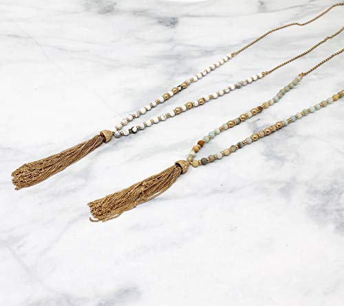 POMINA Fashion Statement Gold Chain Tassel Pendant Necklace Natural Stone Beaded Long Necklace for Women Teen Girls