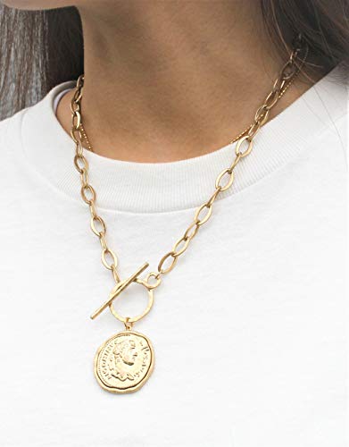 Pomina Fashion Gold Silver Chunky Thick Link Chain Necklace Medallion Chunky Coin Pendant Toggle Necklace for Women Men Teen Girls