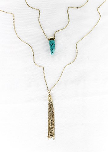 POMINA Two Layered Gold Necklace Turquoise Stone Teardrop Chain Tassel Long Necklaces for Women