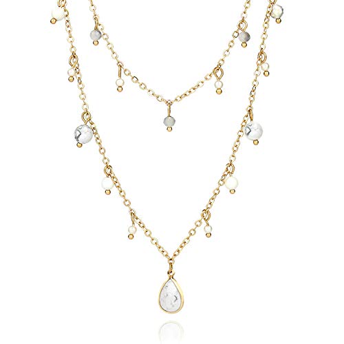 POMINA Multi Layer Reconstituted Semi Precious Stone and Pearl Short Necklace for Women