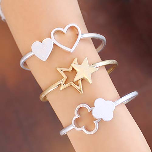 POMINA Heart Star Clover Hinged Tension Bangle Bracelet Plus Size Gold Cuff Stackable Bracelet for Women