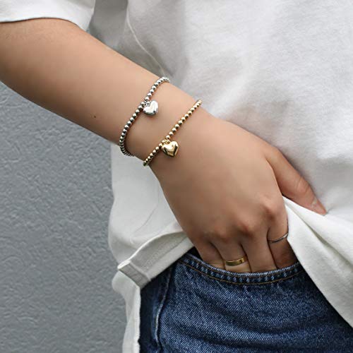 POMINA Love Heart Gold Charm Beaded Stretch Bracelet for Women Girls Teens