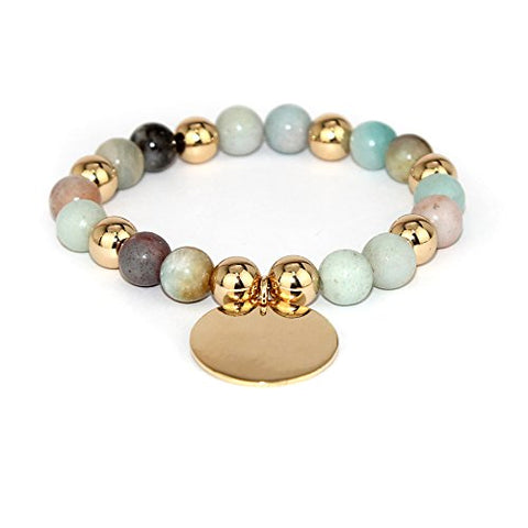 POMINA 8mm Semi Precious Natural Stone Beaded with Disc Coin Charm Stretch Bracelets