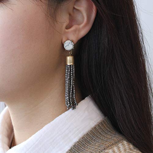 Pomina Colorful Seed Beaded Tassel with Stone Post Drop Earrings for Women