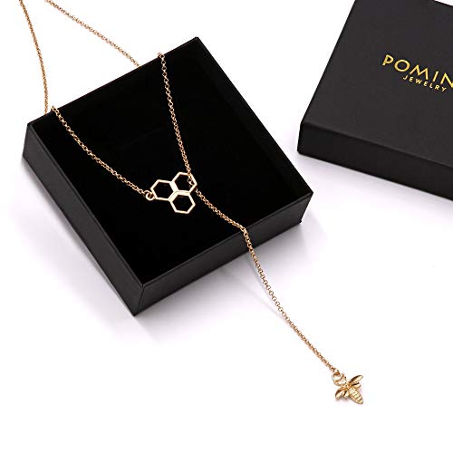 POMINA Dainty Gold Honeycomb Bumble Bee Adjustable Y Lariat Necklace for Women Teen Girls