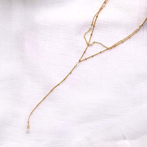 POMINA Dainty Pearl Choker Y Lariat Layered Necklace Y Shape Gold Chain Necklace for Women